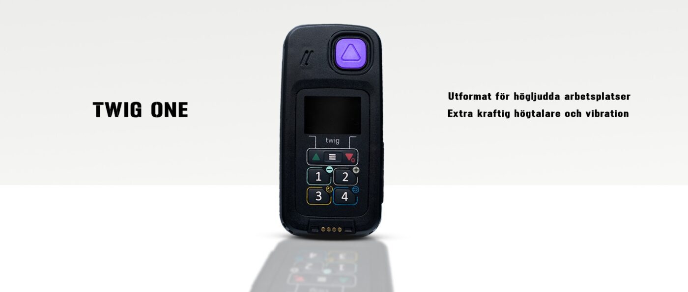 Twig One – robust personlarm med GPS, fallarm och extra kraftig högtalare för högljudda arbetsplatser.