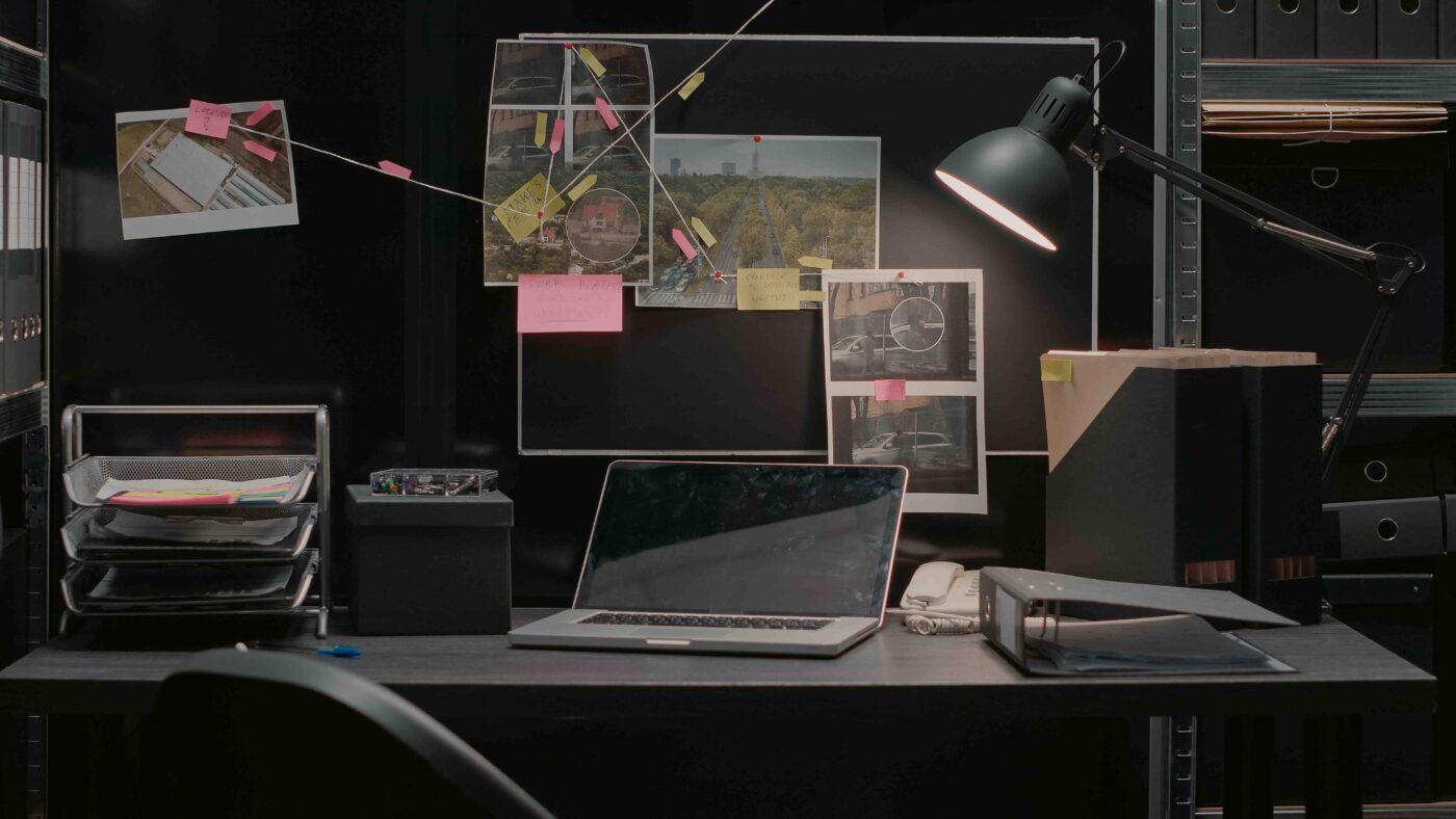 Arbetsplats med utredningsmaterial och bevisanalys – symbol för bakgrundskontroller och riskbedömning