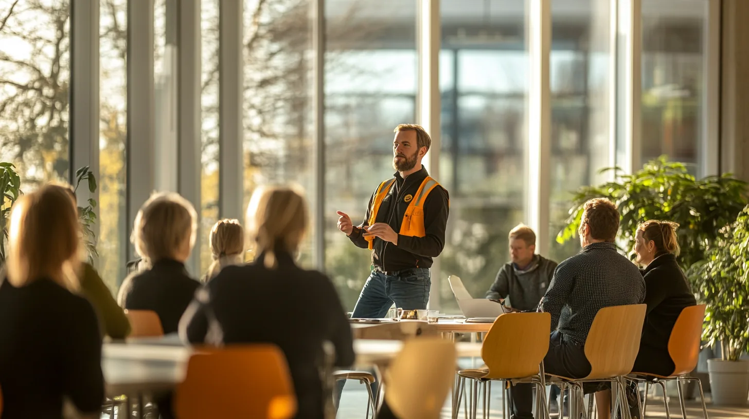 Instruktör håller säkerhetsutbildning för medarbetare på arbetsplats